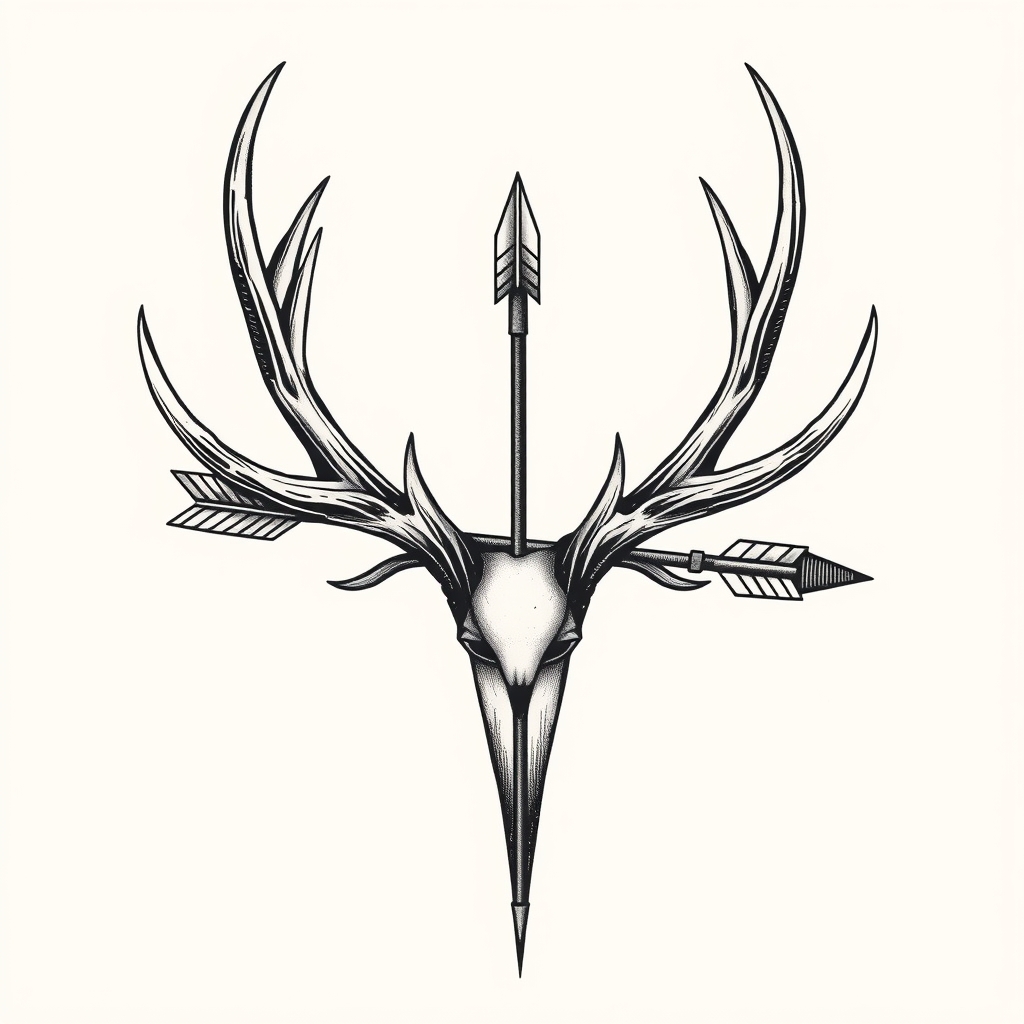 A tattoo design of elk antler wrapped around 1 arrow in the style of realistic. - wildlife hunting tattoo design generated by AI tattoo generator