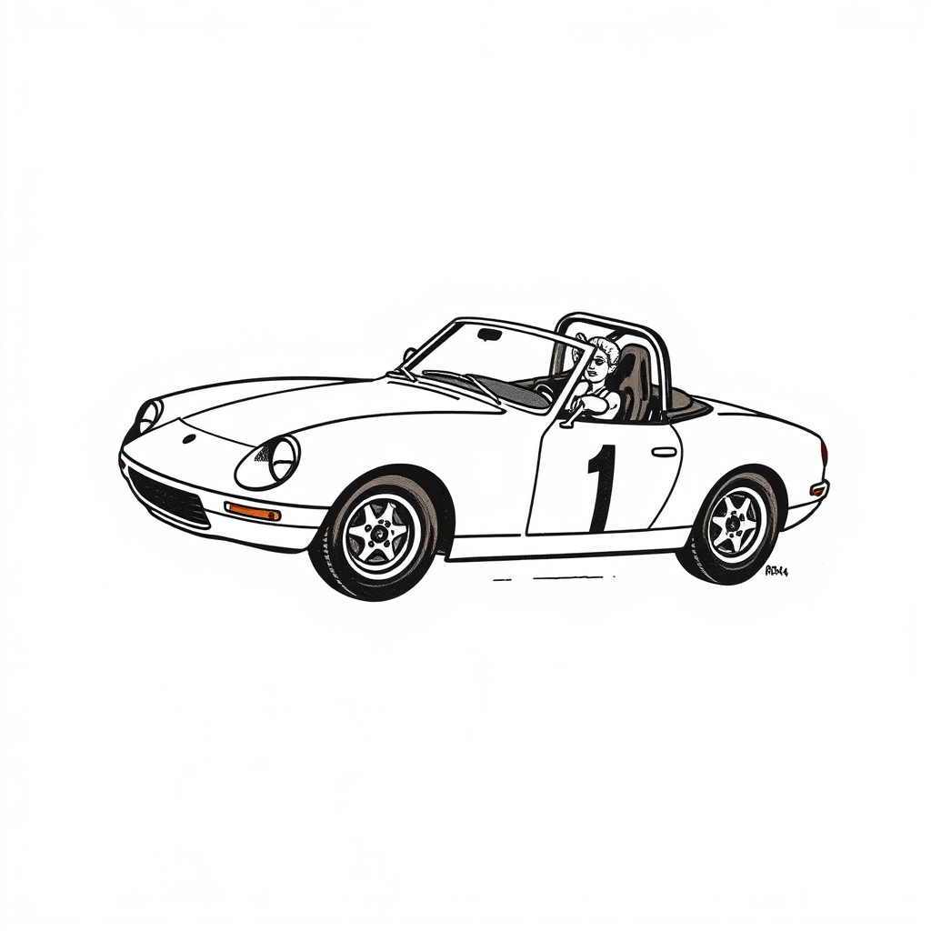 A tattoo design of White racing Miata number 1 with older lady driving in the style of minimalist. - cars racing tattoo design generated by AI tattoo generator