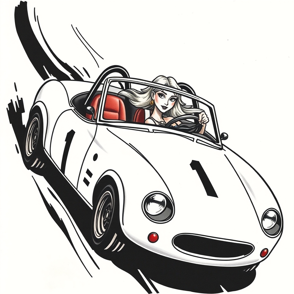 A tattoo design of White racing Miata number 1 with silver haired lady driving in the style of traditional. - cars and drivers tattoo design generated by AI tattoo generator
