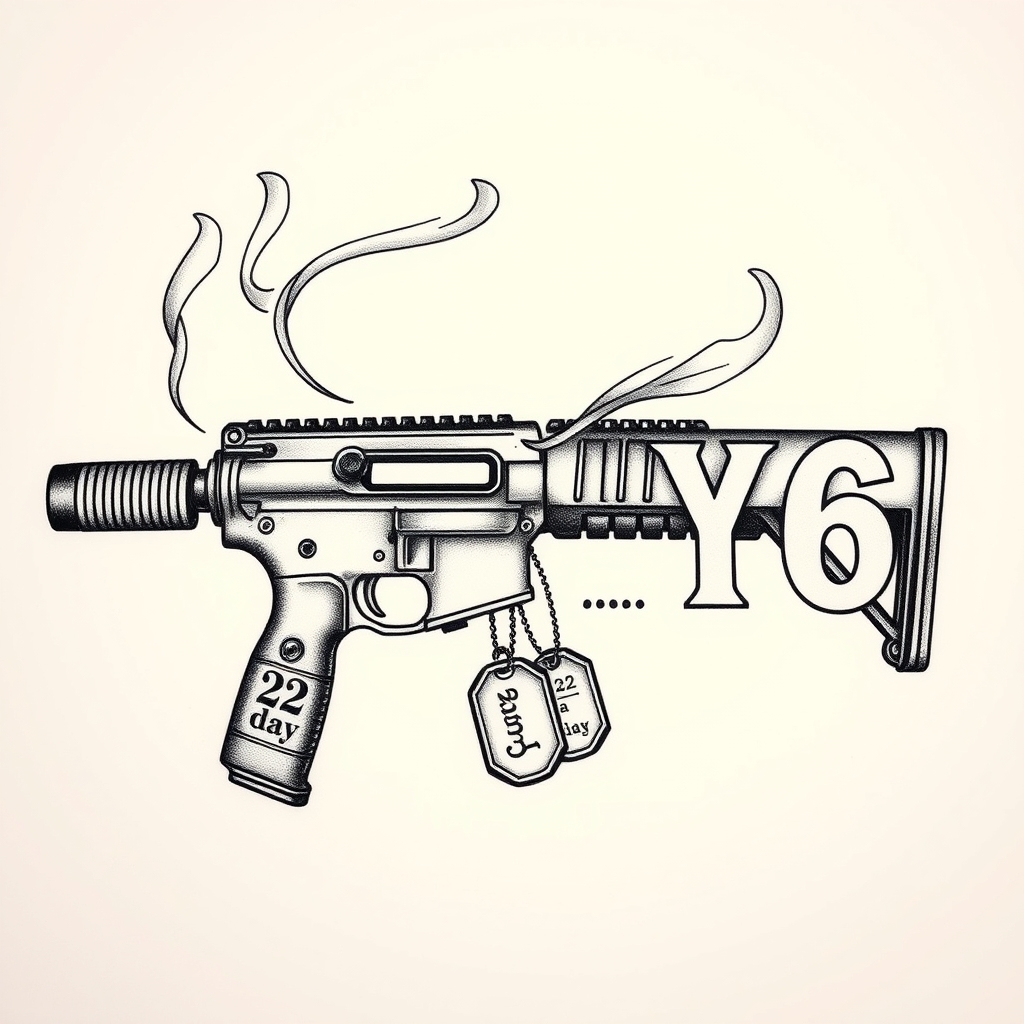 A tattoo design of Vertical M4 Carbine with detailed barrel, tactical rail, and collapsible stock Dense, curling smoke rising from the barrel, drifting around the rifle and weaving through the IGY6 lettering Bold, vertical “IGY6” aligned beside the rifle, smoke integrated Two dog tags hanging mid-stock, one engraved with “22 a day” in military-style font Subtle semicolon (";") positioned directly under the “6,” nestled beneath the dog tags in the style of minimalist. - firearm memorial tattoo design generated by AI tattoo generator