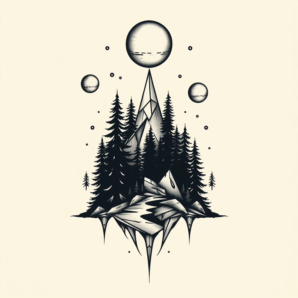 A tattoo design of Scary Forest and planets in the style of geometric. - scary forest tattoo design generated by AI tattoo generator