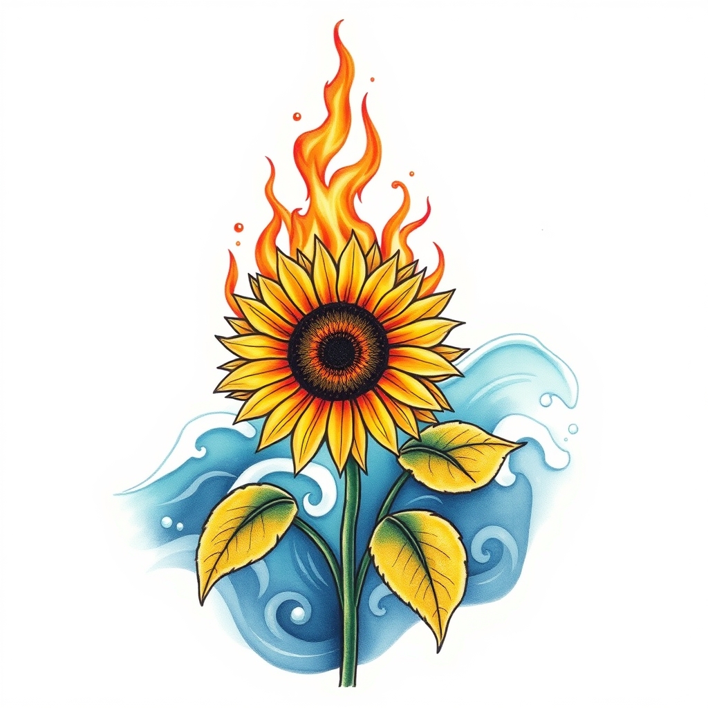 A tattoo design of Burning sunflower in ocean in the style of realistic. - flower tattoo design generated by AI tattoo generator