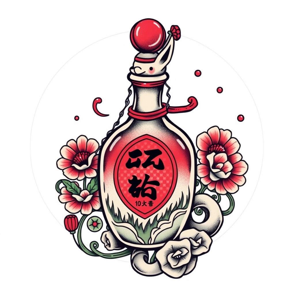 A tattoo design of kuzco poison bottle, with essence of llama in the style of japanese. - fantasy symbol tattoo design generated by AI tattoo generator