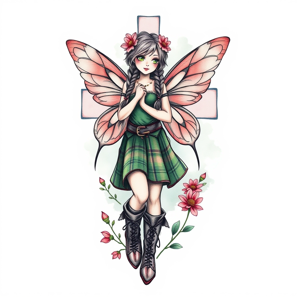 A tattoo design of Scottish flower fairy, wearing kilt and dm boots hair in braids, st Andrew's crossin background in the style of watercolor. - mythical creatures tattoo design generated by AI tattoo generator