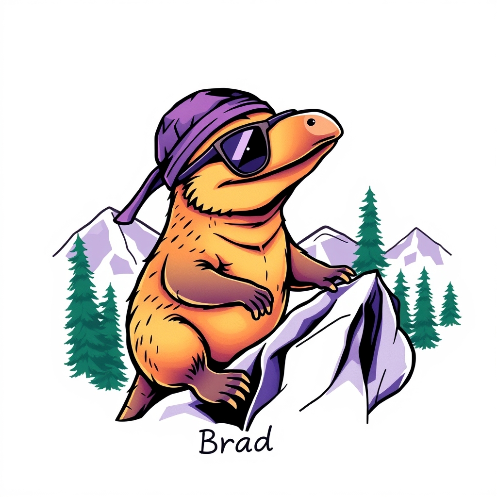 A tattoo design of A platypus who wears a backwards hat and sunglasses, loves the color purple, and is rock climbing on a mountain with trees in the background. His name is Brad and he is goofy. in the style of geometric. - animal portrait tattoo design generated by AI tattoo generator