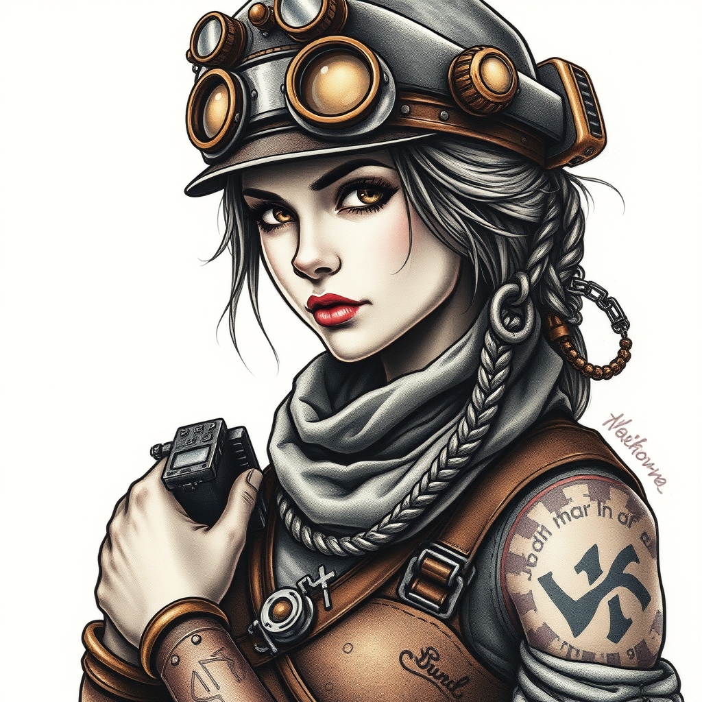 A tattoo design of Steampunk soldier girl in the style of realistic. - steampunk tattoo design generated by AI tattoo generator