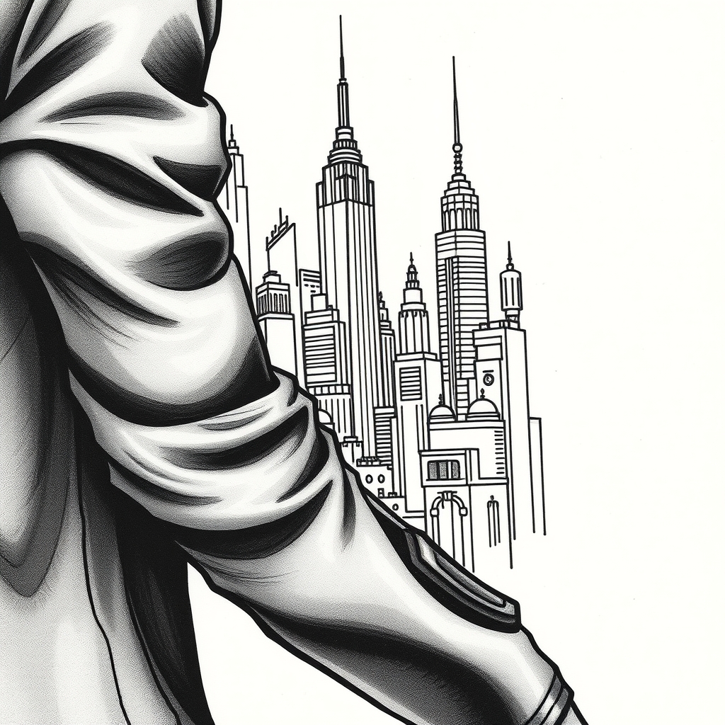A tattoo design of a drawing of a cyberpunk city in the style of kay nielsen, striped, theatrical gestures, aminollah rezaei, exquisite clothing detail, w. heath robinson, light gray and emerald in the style of minimalist. - cityscape art tattoo design generated by AI tattoo generator