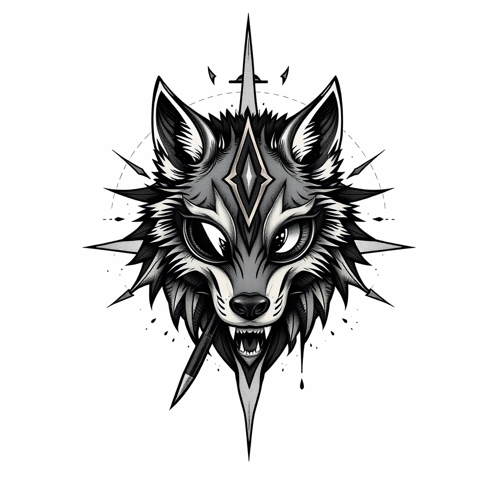 A tattoo design of God wolf spy in the style of abstract. - mythological animal tattoo design generated by AI tattoo generator