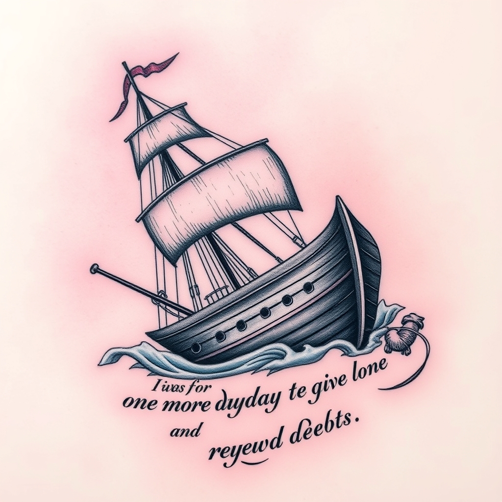 A tattoo design of Shipwreck with the quote I was for one more day to give my love and repay debts in the style of realistic. - shipwreck memorial tattoo design generated by AI tattoo generator
