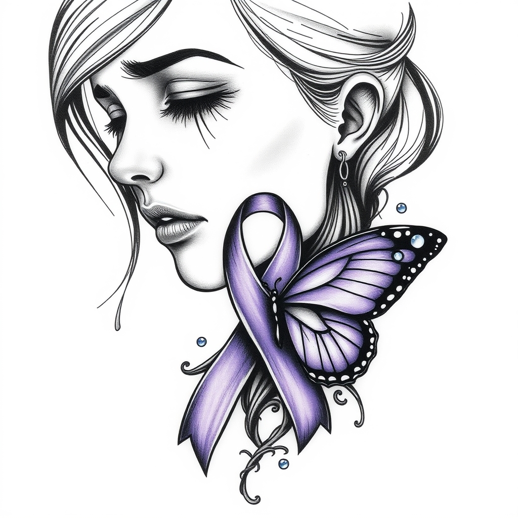 A tattoo design of A woman crying with the domestic awareness ribbon with a purple butterfly entwined together in the style of blackwork. - ribbon awareness symbol tattoo design generated by AI tattoo generator
