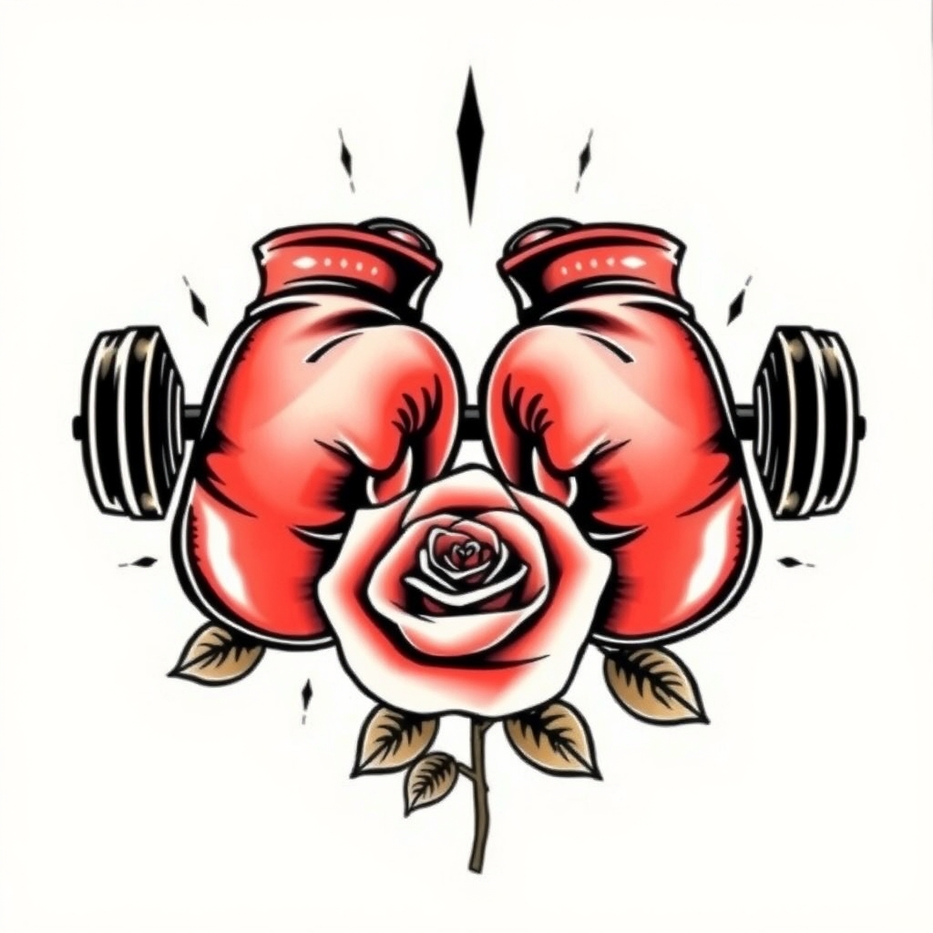 A tattoo design of A pair of boxing gloves, a barbell, and a rose in the style of traditional. - fitness sports symbols tattoo design generated by AI tattoo generator