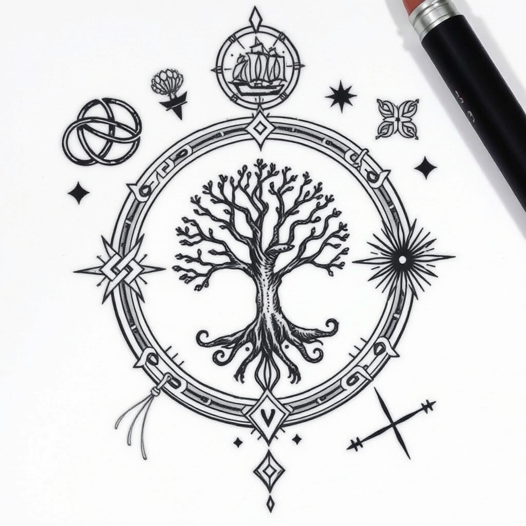 A tattoo design of •      ↗  (Celtic triskele + thistle) ↖                ↗          •——O——• ↗                ↗      ↙  (Danish Vegvísir + tiny ship)          •          Center: small Tree of Life           •      ↘  (Zambian fish eagle + copper sunburst) ↘                ↘          •——O——• ↘                ↘      ↙  (Australian boab tree + Southern Cross)           • in the style of realistic. - symbolic tattoos tattoo design generated by AI tattoo generator