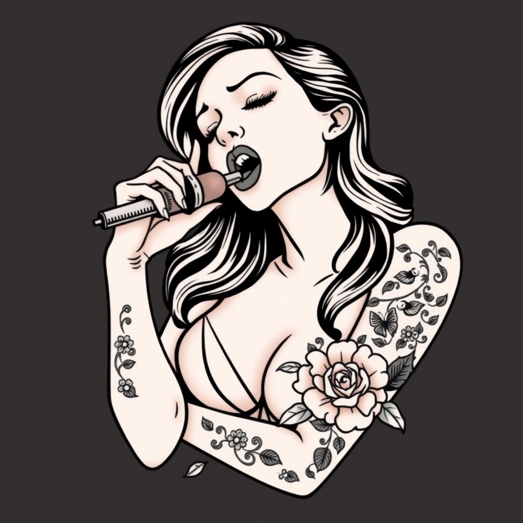 A tattoo design of Woman giving a blowjob in the style of traditional. - erotic art tattoo design generated by AI tattoo generator