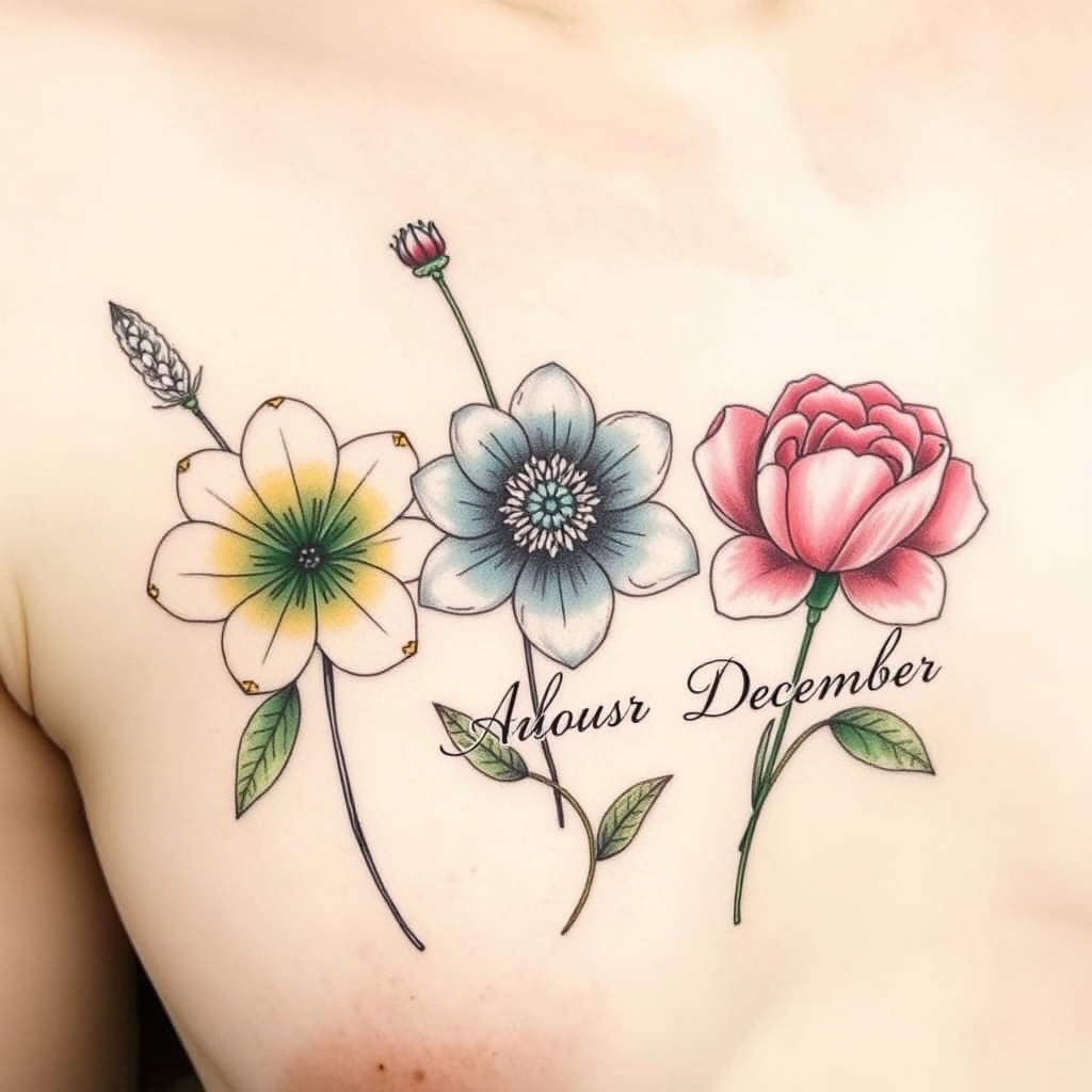 A tattoo design of February and August and December birth flowers  in the style of realistic. - birth flowers tattoo design generated by AI tattoo generator