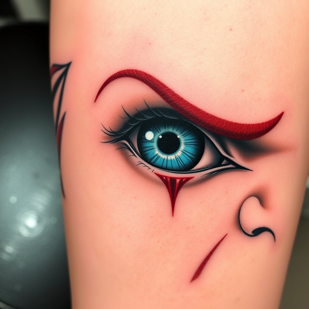 A tattoo design of Chucky tattoo that is only his eye area in the style of realistic. - horror movie character tattoo design generated by AI tattoo generator