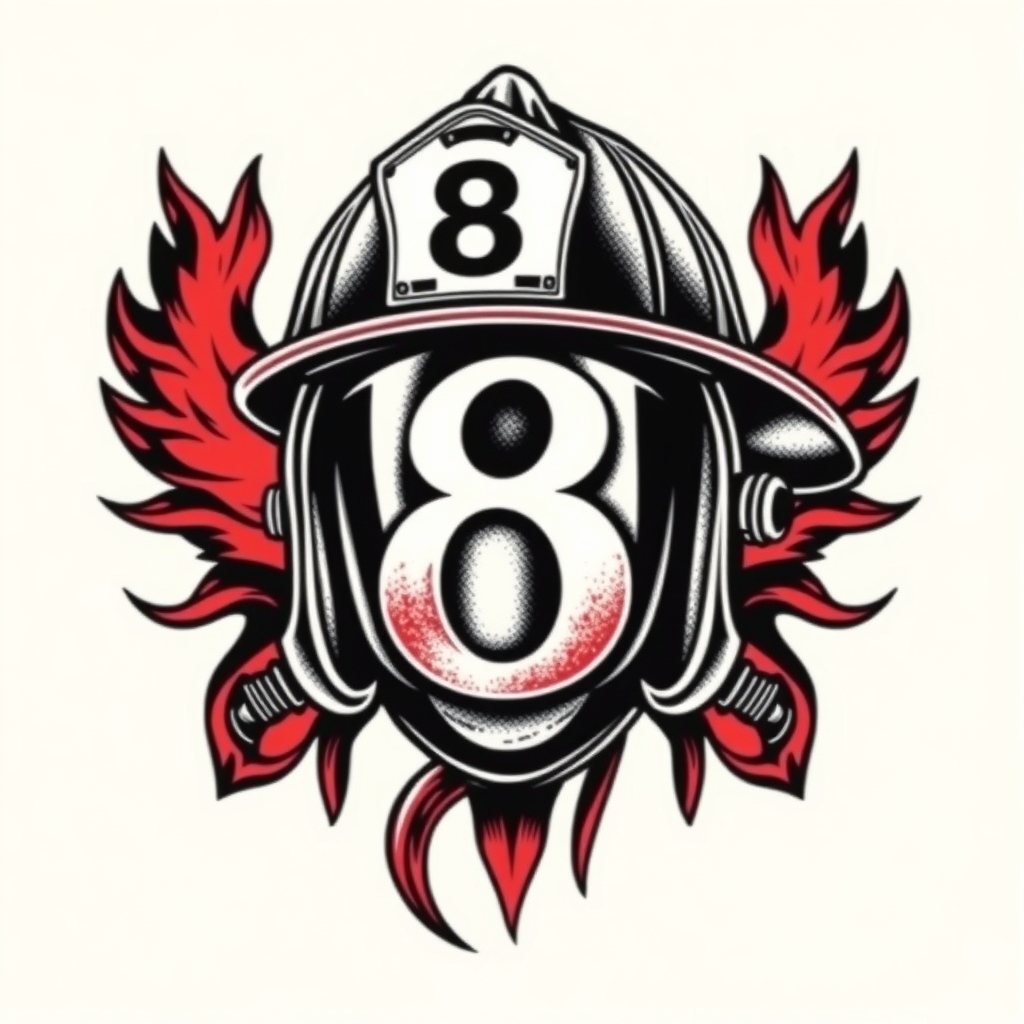 A tattoo design of A firefighter helmet with the number 8 in the style of realistic. - fire department emblem tattoo design generated by AI tattoo generator