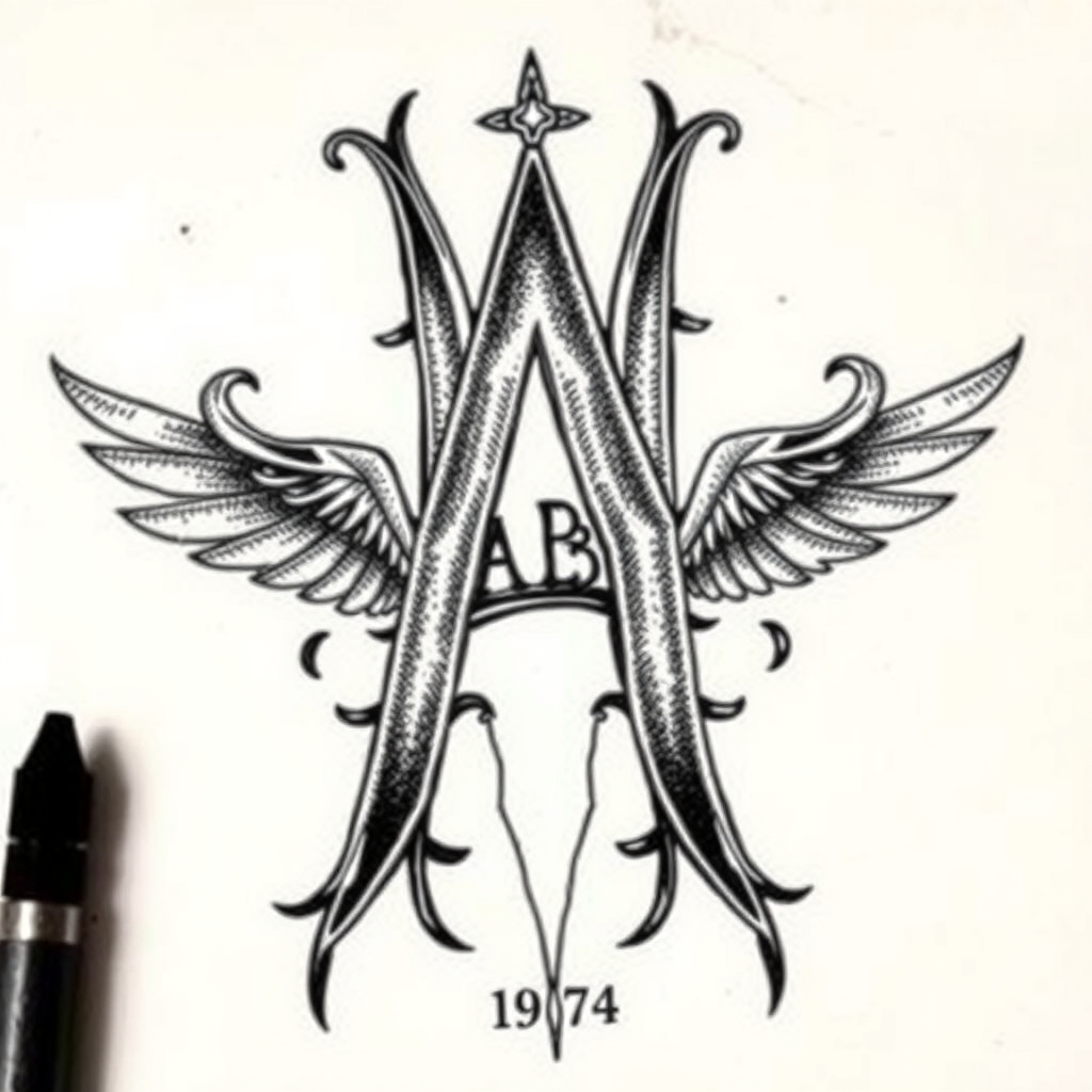 A tattoo design of Initials AB, year 1974,  in the style of surrealistic. - initials tattoo design generated by AI tattoo generator