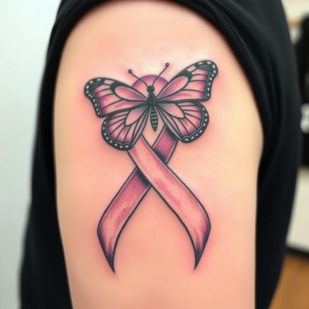 A tattoo design of Domestic violence ribbon awareness inclined together with a purple butterfly as a person hunch over  in the style of japanese. - domestic violence awareness tattoo design generated by AI tattoo generator