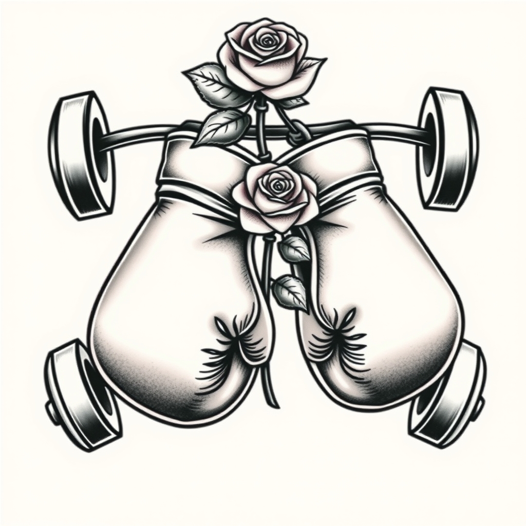 A tattoo design of Pair of boxing gloves hanging on a barbell with a single rose in the style of realistic. - sports equipment tattoo design generated by AI tattoo generator
