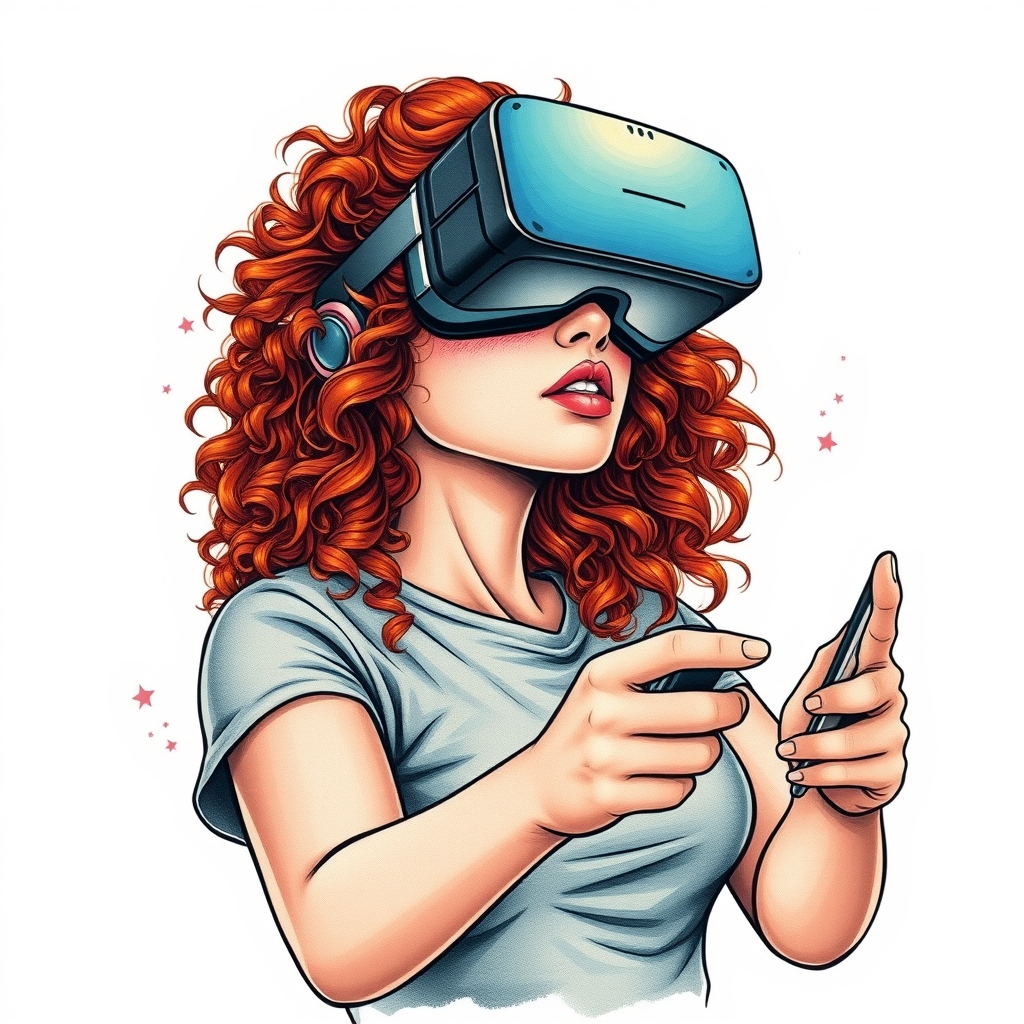 A tattoo design of Redhead girl with curly hair playing vr in an alternate universe in the style of realistic. - virtual reality tattoo design generated by AI tattoo generator