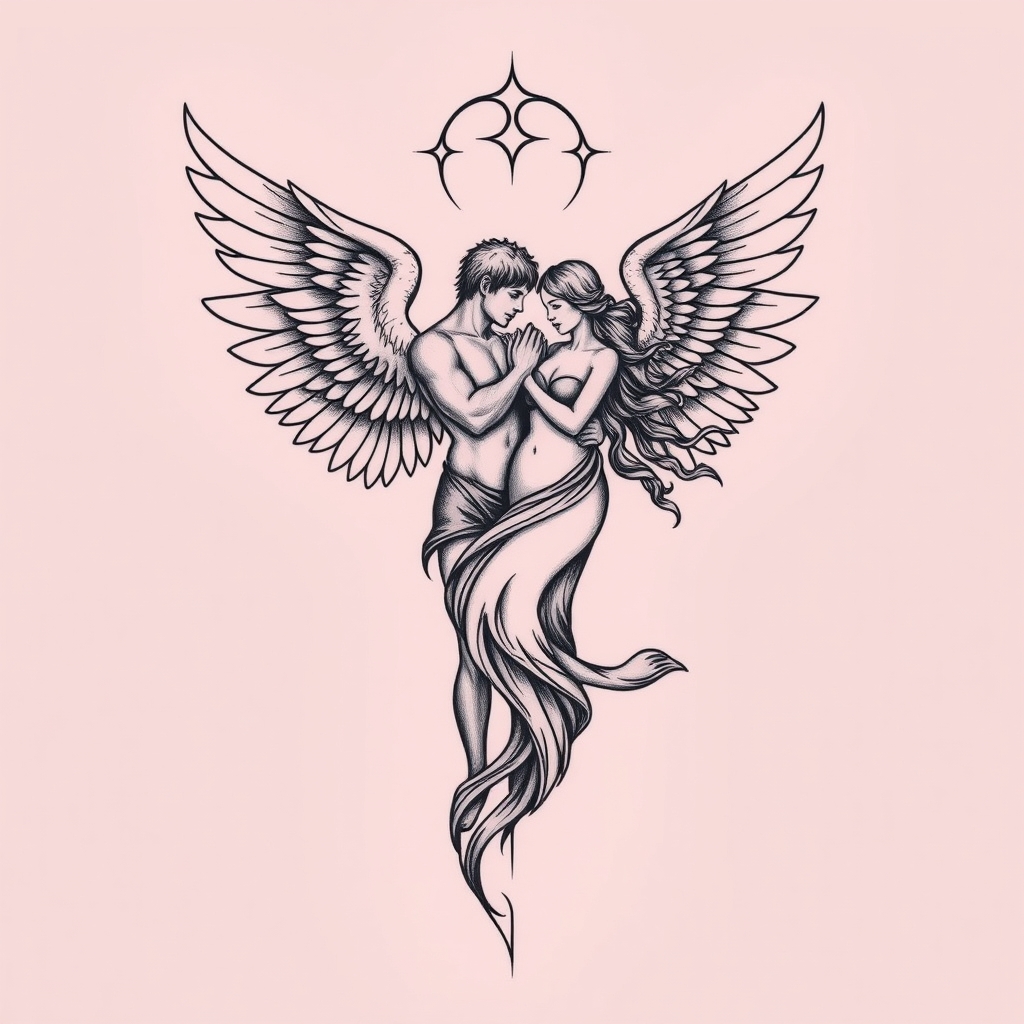 A tattoo design of Angel cancer man with angel Pisces woman in the style of realistic. - zodiac symbols tattoo design generated by AI tattoo generator