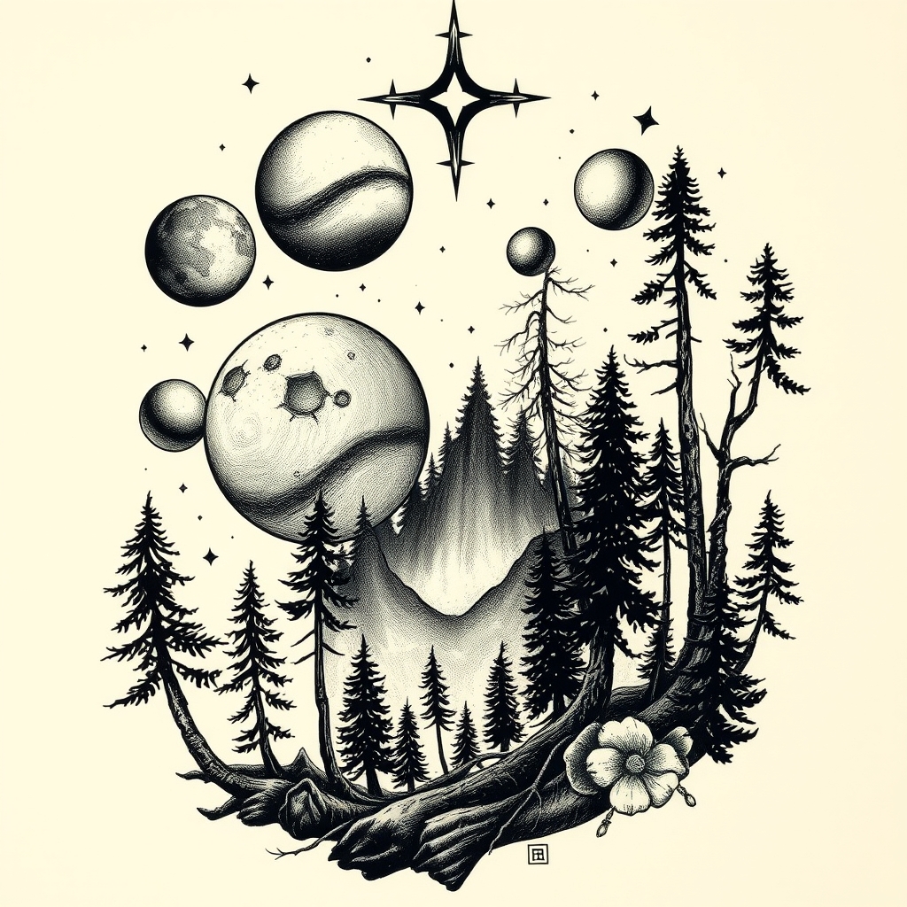 A tattoo design of Dark Forest and planets in the style of realistic. - space fantasy tattoo design generated by AI tattoo generator