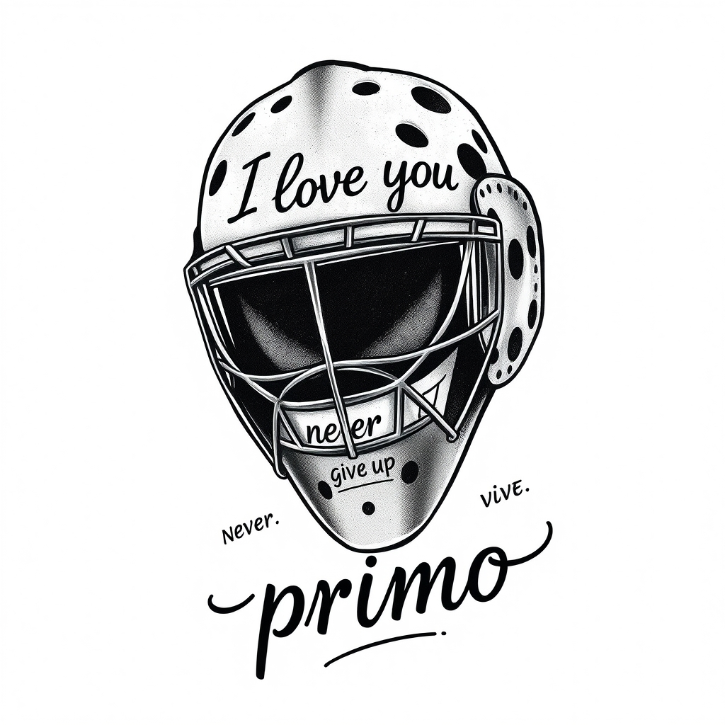 A tattoo design of old school NHL goalie mask with the phrase " I love you " " never give up " and the name " primo " in the style of realistic. - sports equipment tattoo design generated by AI tattoo generator
