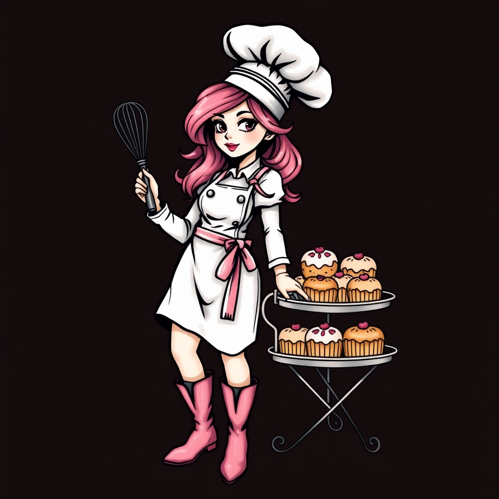 A tattoo design of Chef, pink hair, dusky pink boots, holding whisk beside trolly of cakes in the style of blackwork. - occupation tattoo design generated by AI tattoo generator