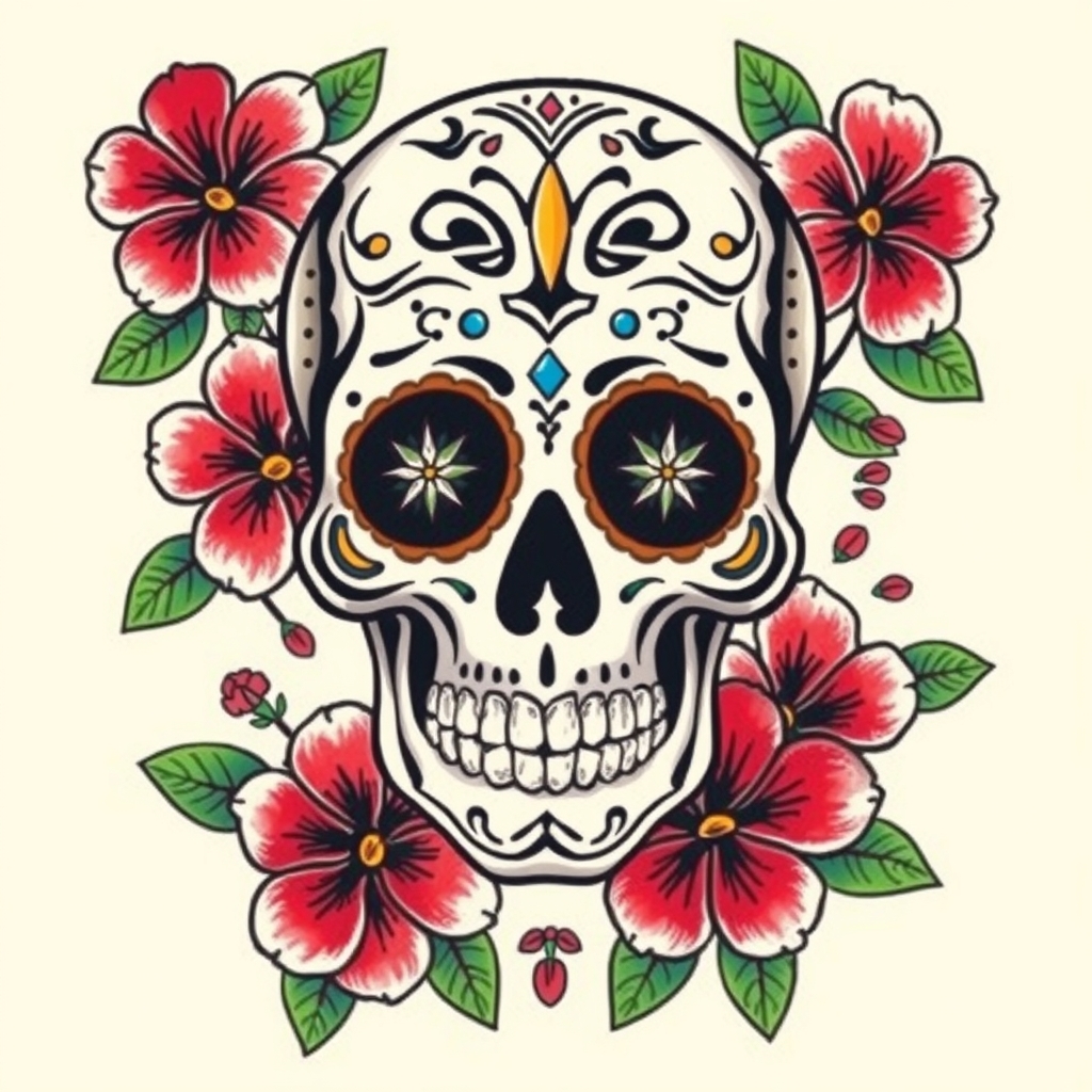 A tattoo design of Sugar Skullsurrounded by small multicolor hibiscus flowers in the style of traditional. - sugar skull tattoo design generated by AI tattoo generator