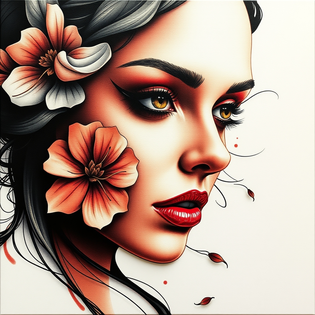 A tattoo design of CANVAS, beautiful woman face, inspired by Karolina Pisarek (((inspired by Karolina Pisarek))) (--erutxet: yalc - eulg:5%): 3d in the style of abstract. - portrait tattoo design generated by AI tattoo generator