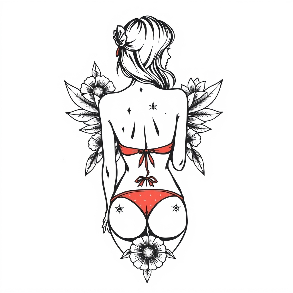 A tattoo design of bikini back girl vintage tattoo on white background in the style of geometric. - pin up girl tattoo design generated by AI tattoo generator