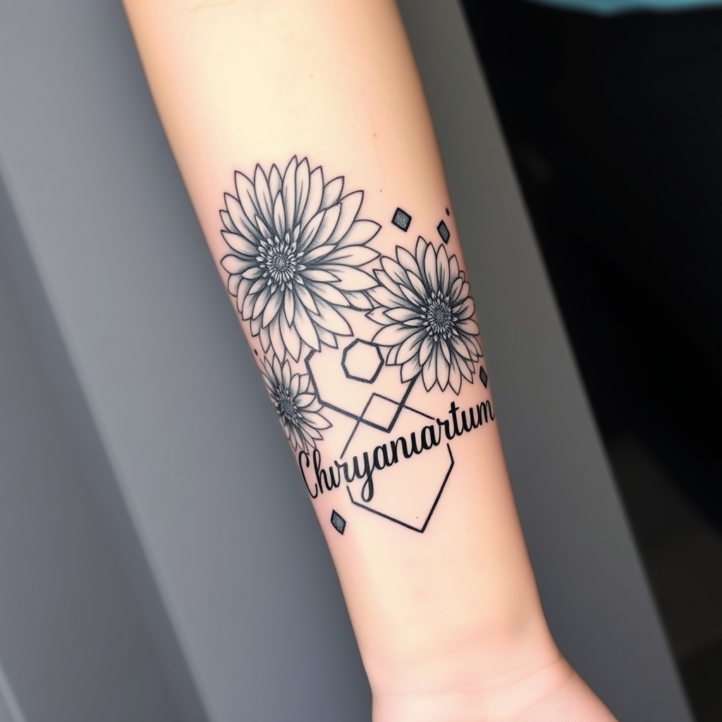 A tattoo design of Black and white from elbow to hand, blooming Chrysanthemums, hexagons, the word Chrysanthemum in the style of geometric. - flower design tattoo design generated by AI tattoo generator