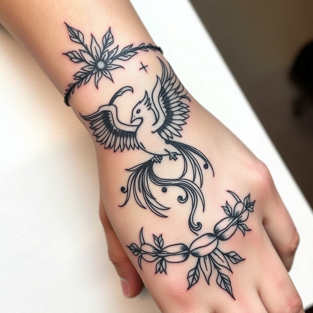 A tattoo design of Bracelet tattoo that incorporates Phoenix, water element, and Garland wrapped abound whole wrist in the style of blackwork. - mythical creatures tattoo design generated by AI tattoo generator