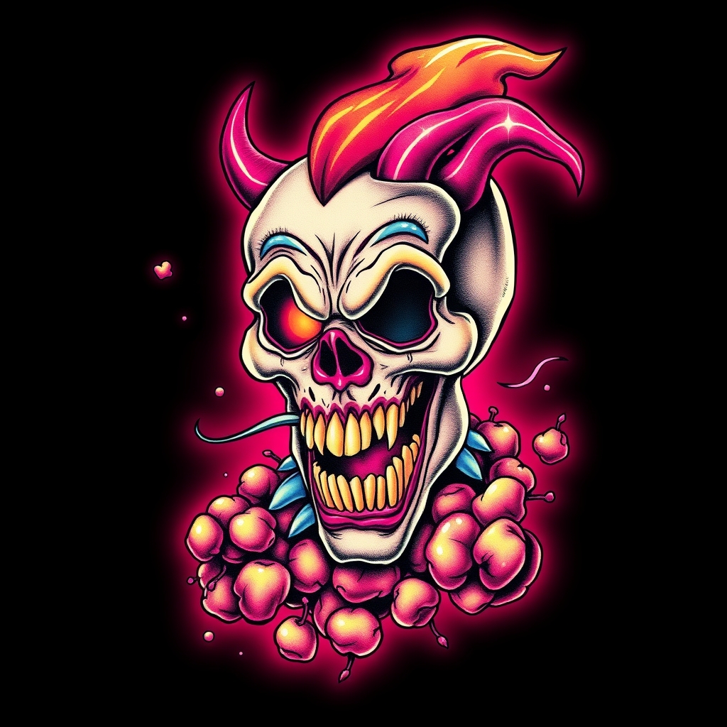 A tattoo design of Killer klowns from outer space popcorn neon in the style of realistic. - horror movie tattoo design generated by AI tattoo generator