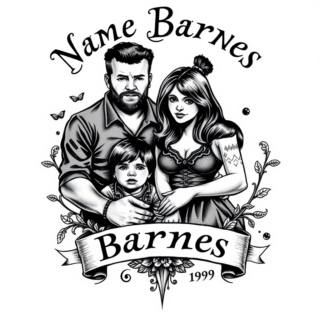 A tattoo design of Name Barnes, with wife and three kids established 1996 in the style of realistic. - family crest tattoo design generated by AI tattoo generator