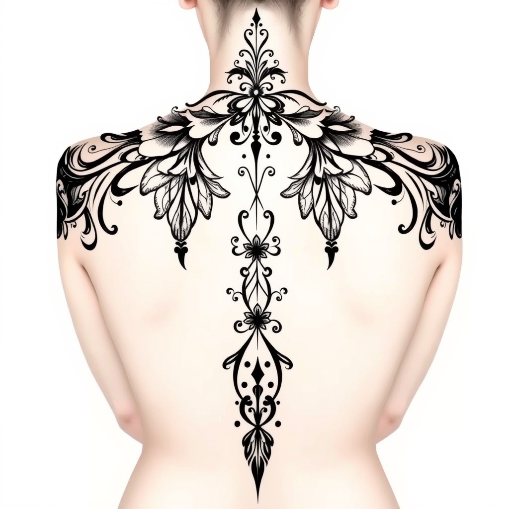A tattoo design of Decorative back tattoo in art nouveau style in all black, going from the outer tips of the shoulders down the middle of the spine. in the style of watercolor. - back tattoo tattoo design generated by AI tattoo generator