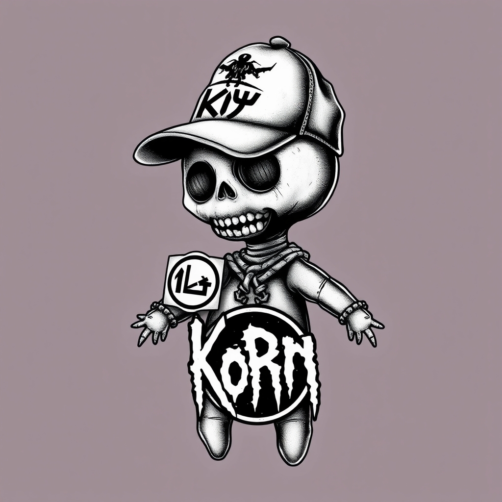 A tattoo design of Korn voodoo doll with linkin park logo pinned on and Slipknot logo with a limp bizkit cap on its head in the style of blackwork. - music bands tattoo design generated by AI tattoo generator