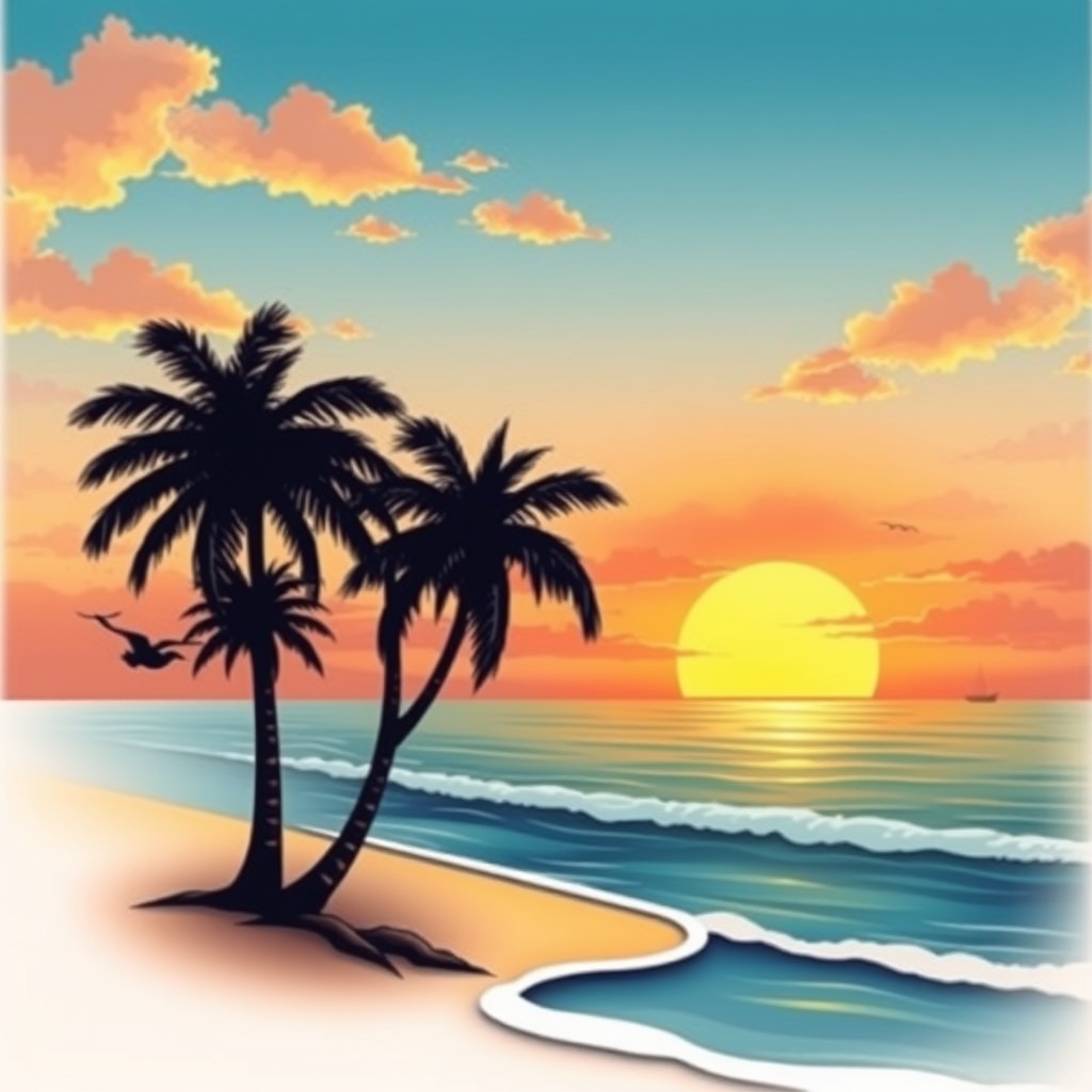A tattoo design of Sunset beach with palm trees in the style of realistic. - beach scene tattoo design generated by AI tattoo generator