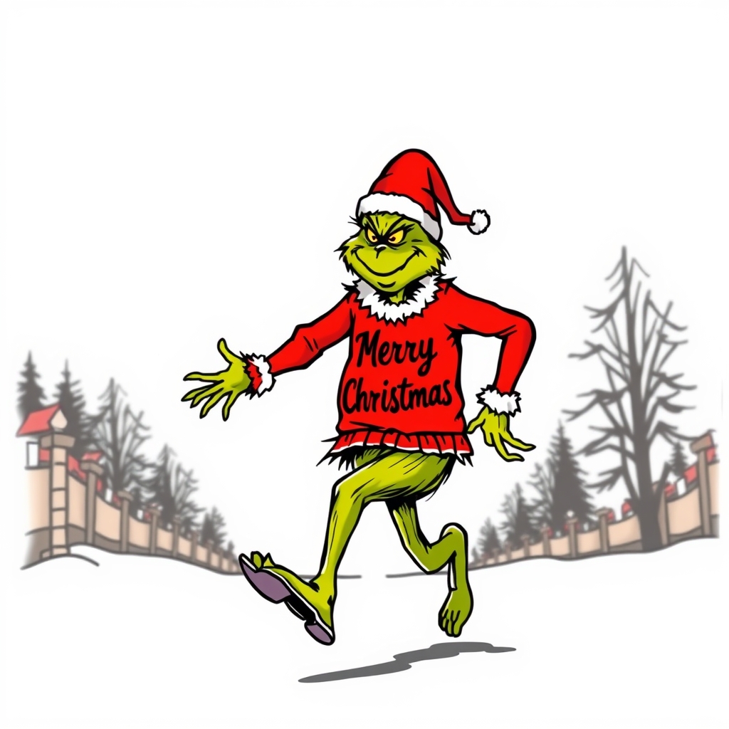 A tattoo design of jim carrey's the grinch character wearing the "merry christmas" jumper crossing the finish line of the potato sack race in the style of tribal. - pop culture character tattoo design generated by AI tattoo generator