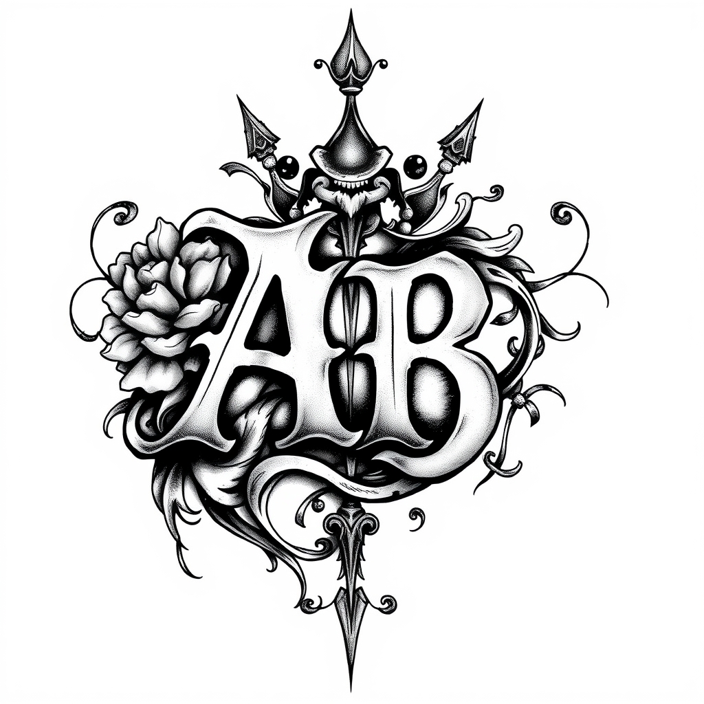 A tattoo design of Initials AB, year 1974,  in the style of surrealistic. - initials and year tattoo design generated by AI tattoo generator