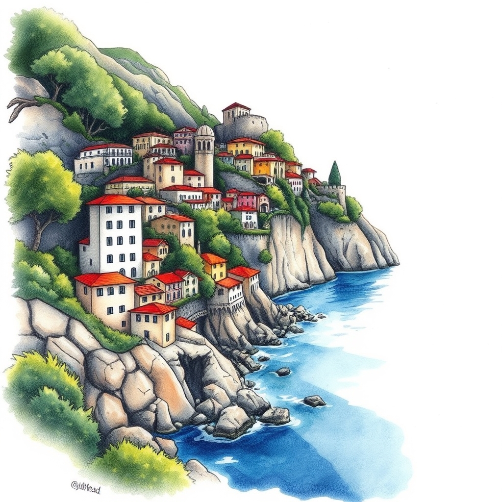 A tattoo design of Liguria landscape by Syd Mead in the style of watercolor. - landscape art tattoo design generated by AI tattoo generator