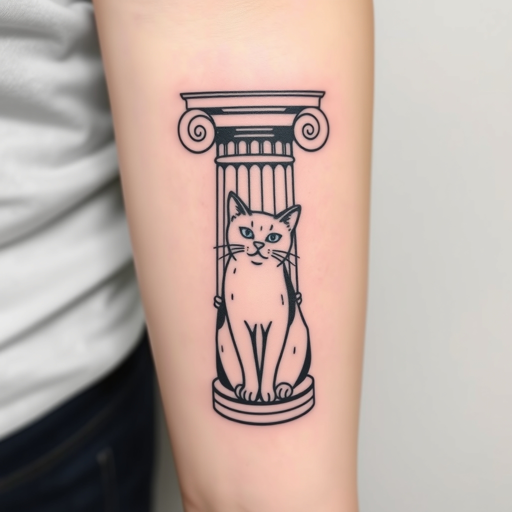 A tattoo design of Greek pillar with a cat  in the style of minimalist. - architecture animal tattoo design generated by AI tattoo generator