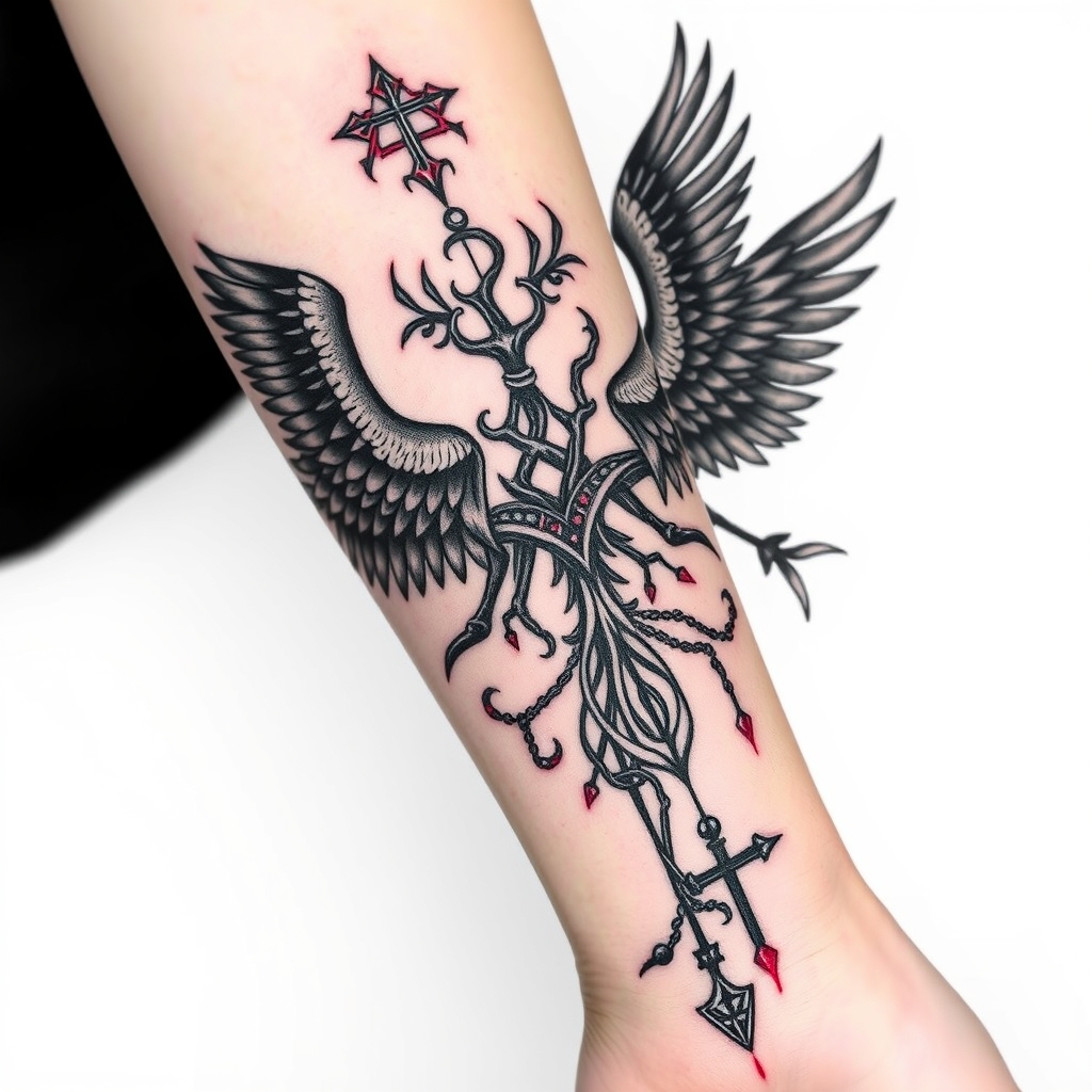 A tattoo design of feminine, odins ravens, wyrd, yggdrasil, vegvisin, valknut, troll cross, add a little red Down my arm onto my wrist in the style of abstract. - norse mythology symbols tattoo design generated by AI tattoo generator