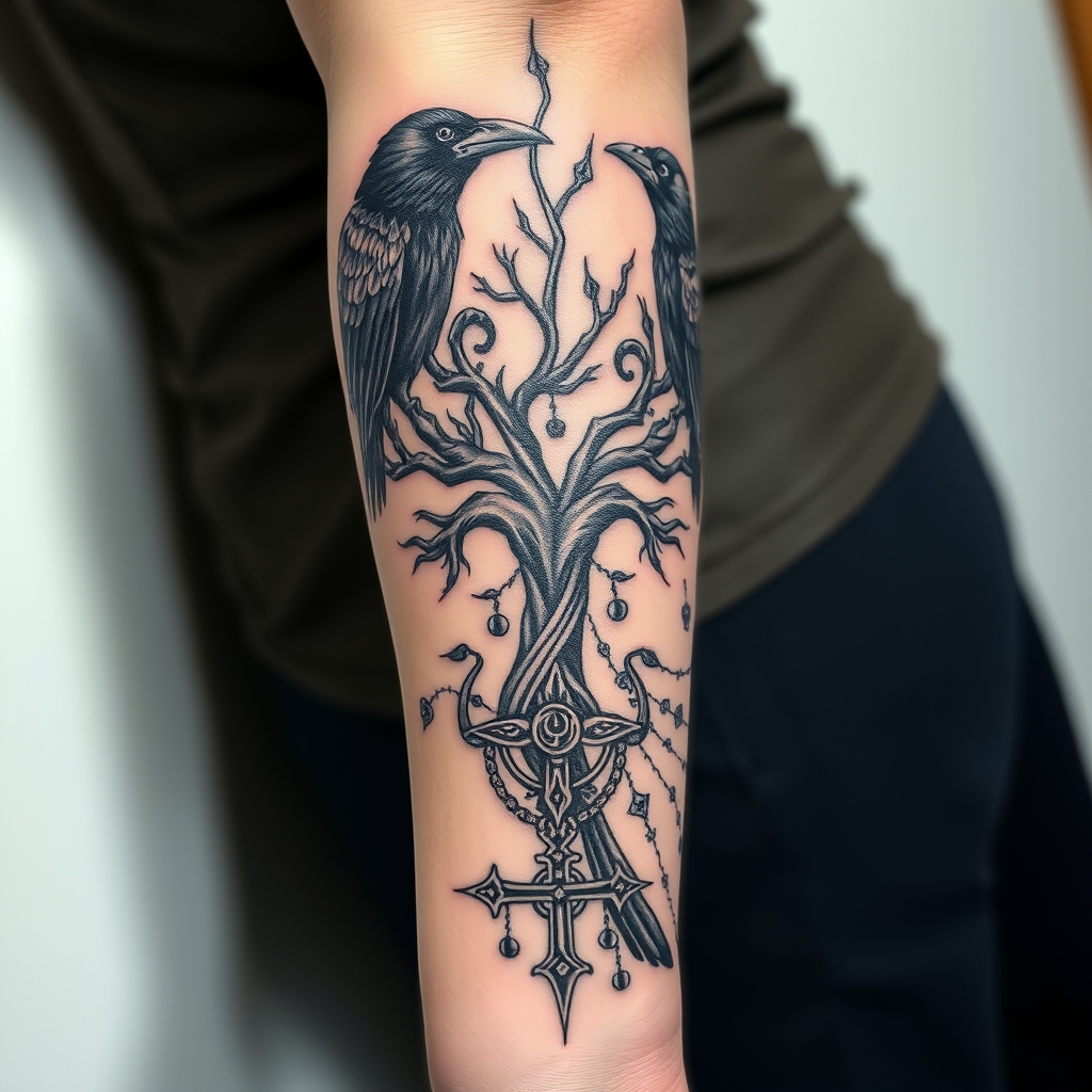 A tattoo design of feminine, odins ravens, wyrd, yggdrasil, vegvisin, valknut, troll cross and bear. Down my arm onto my wrist in the style of surrealistic. - norse mythology symbols tattoo design generated by AI tattoo generator