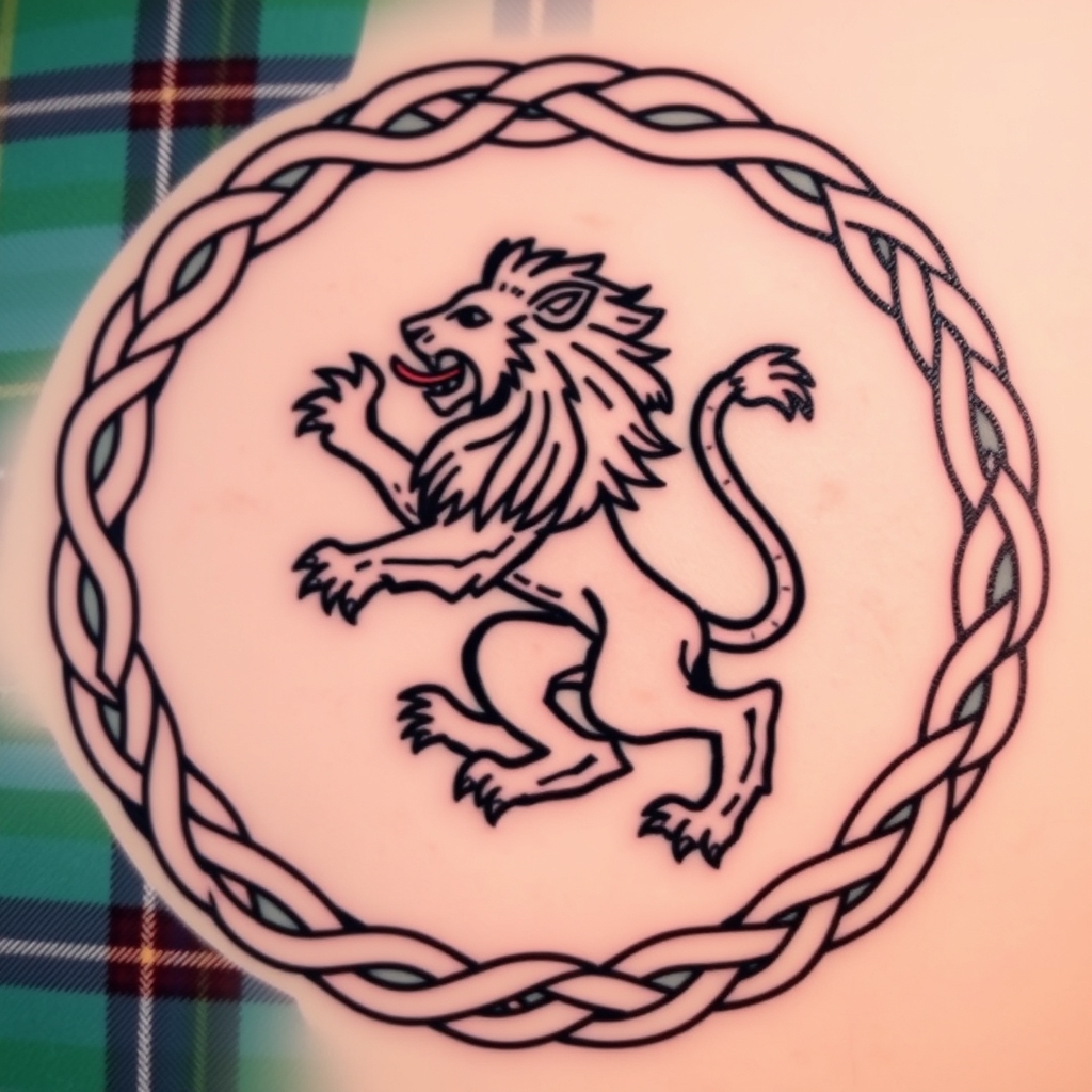 A tattoo design of Lion rampant tartan background, framed in celtic knotted frame in the style of traditional. - celtic symbol tattoo design generated by AI tattoo generator