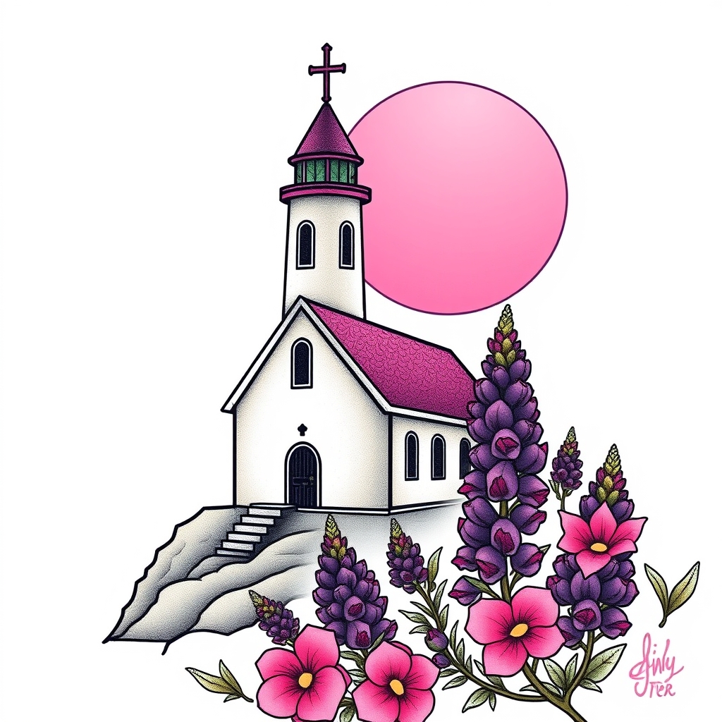 A tattoo design of Chapel and a lighthouse beside it with a pink moon an purple lupines in the style of traditional. - landscapes tattoo design generated by AI tattoo generator