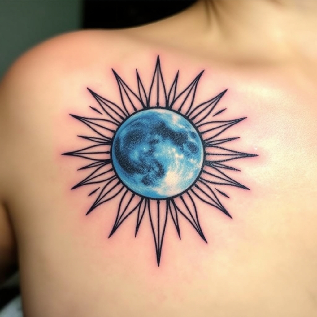 A tattoo design of Aquarius with sun and blue moon in the style of realistic. - astrology symbol tattoo design generated by AI tattoo generator