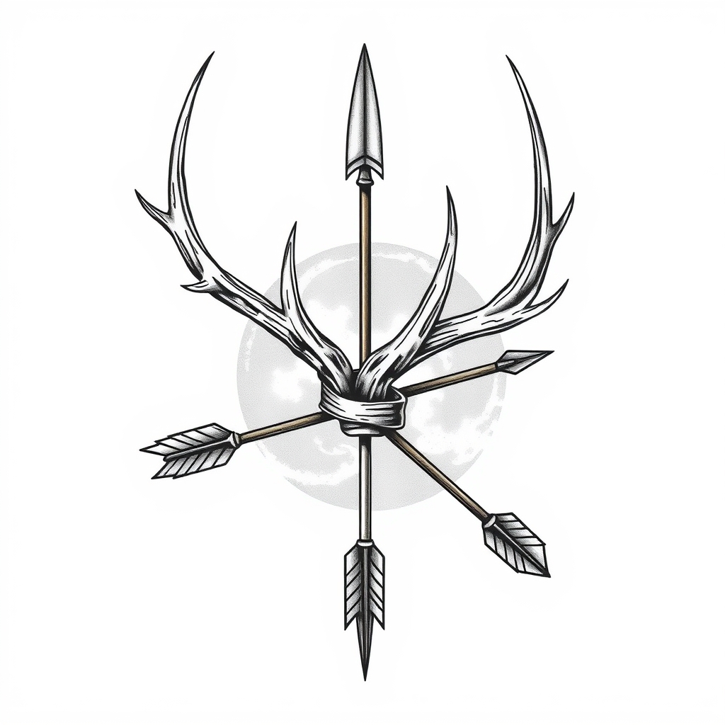 A tattoo design of elk antler wrapped around an arrow in the style of realistic. - wildlife symbol tattoo design generated by AI tattoo generator