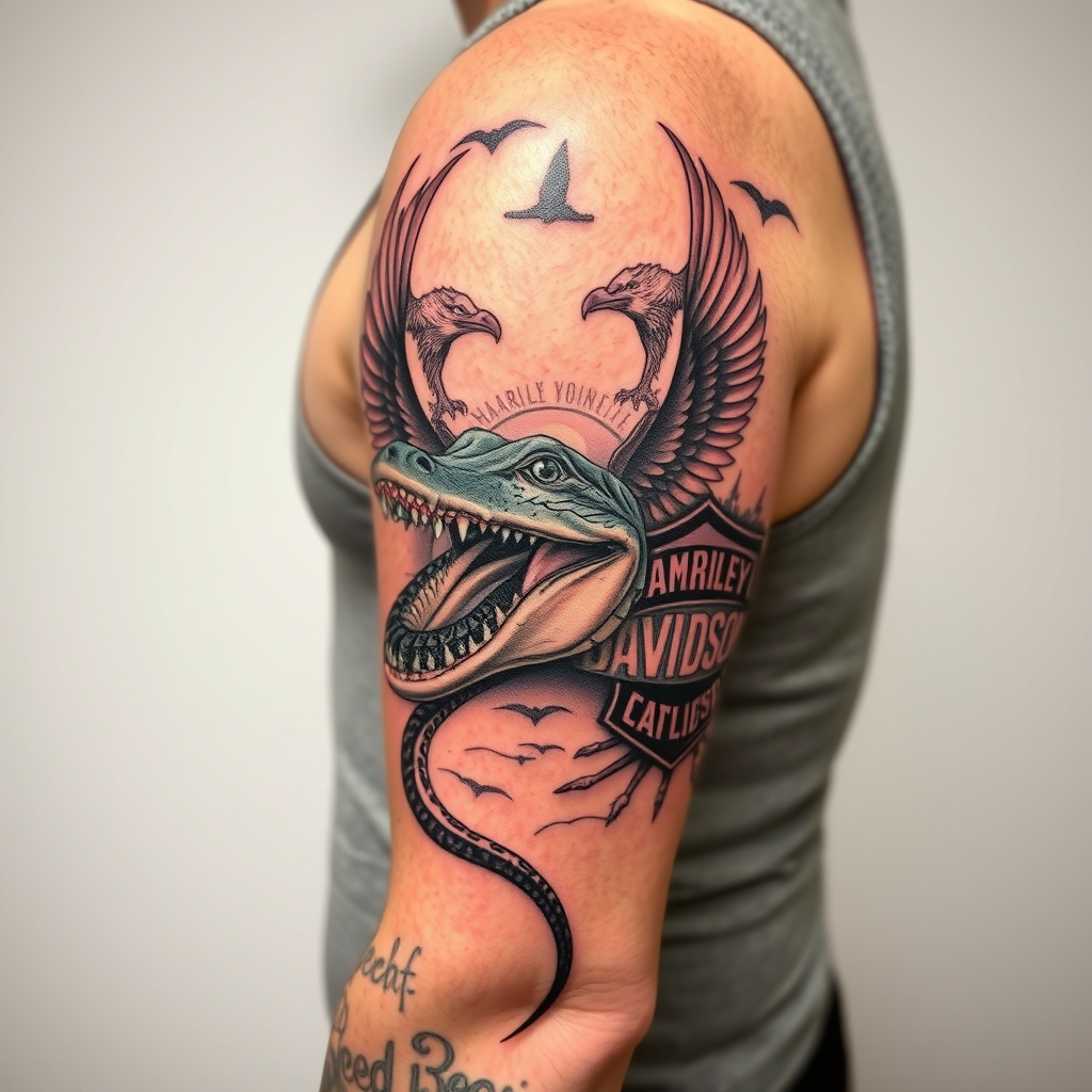A tattoo design of Right arm full sleeve with Harley Davidson theme with eagles mixed with Florida swamp theme with american alligator having python in its mouth in the style of realistic. - motorcycle culture wildlife tattoo design generated by AI tattoo generator