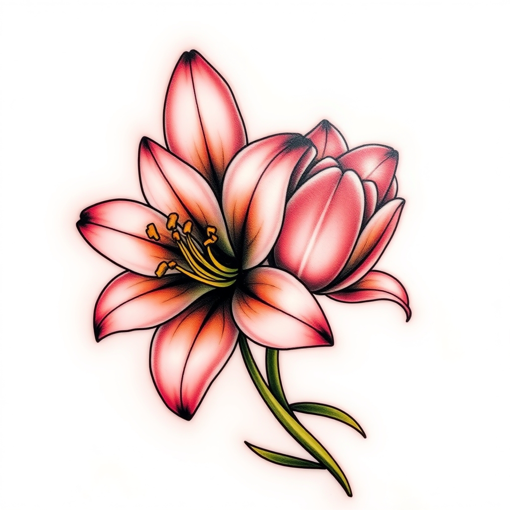 A tattoo design of lilly and tulip flower  in the style of realistic. - flowers tattoo design generated by AI tattoo generator